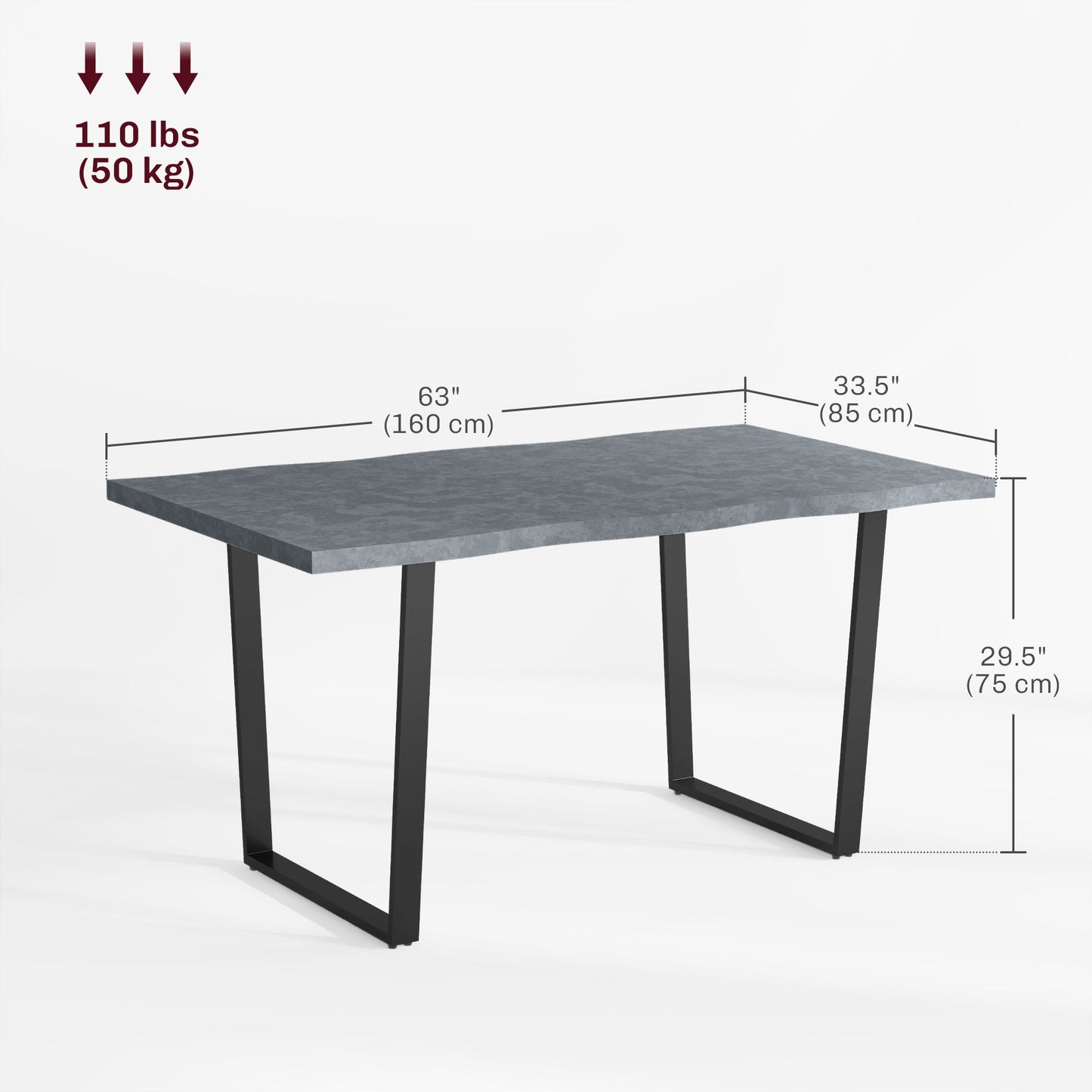 63" Kitchen Table, Industrial Dining Table with Wave-edged Tabletop and Steel Legs for Up to 6 People, Cement Grey
