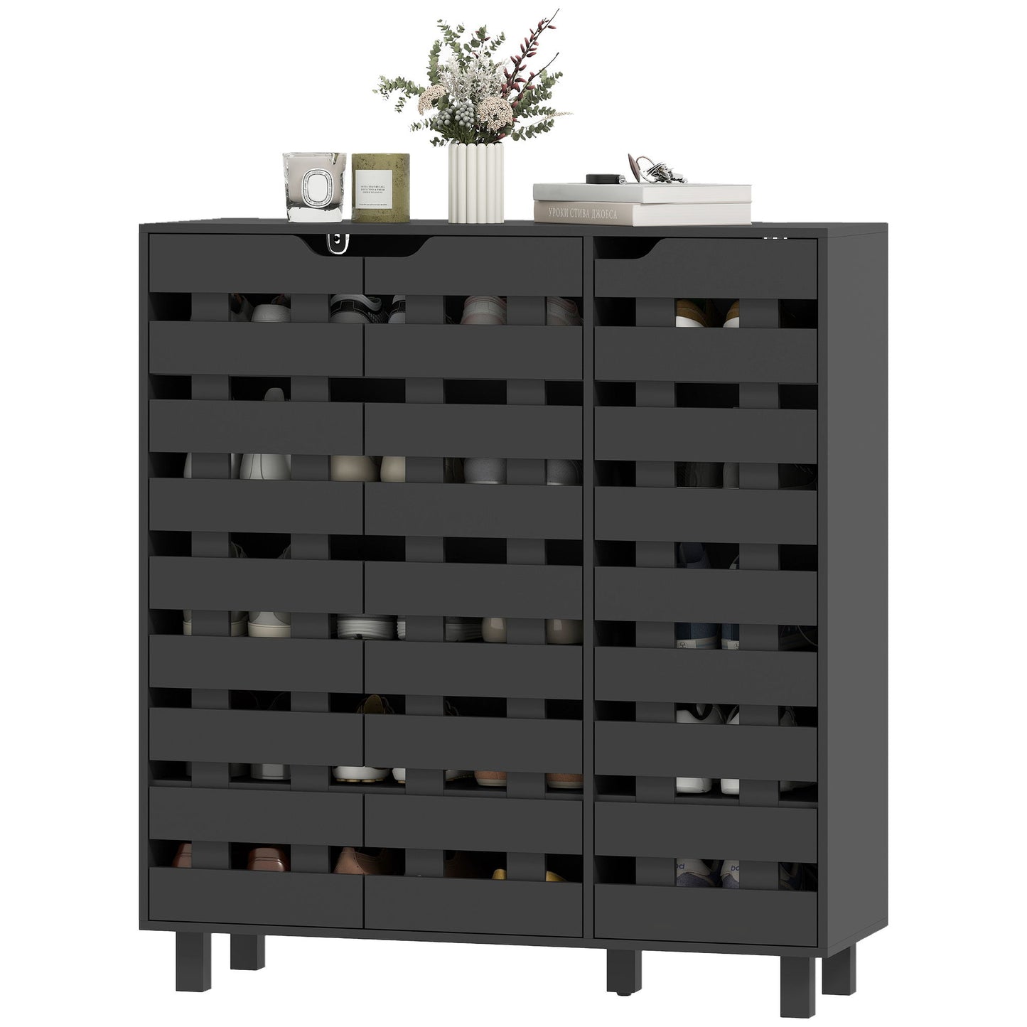 Shoe Cabinet, 20 Pair Shoe Storage Cabinet with Hollowed-Out Doors, Black