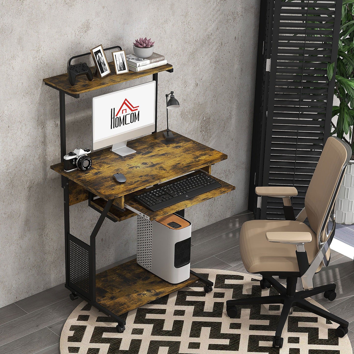 32" Mobile Computer Desk with Keyboard Tray - Rustic Brown