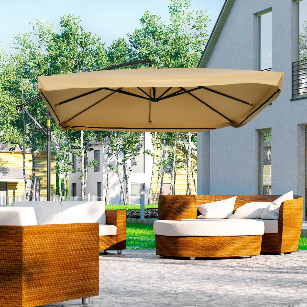 Offset Patio Umbrella with Net and Umbrella Base, Adjustable Cantilever Canopy with Cross Base, Weight Plates and 8 Ribs for Backyard, Poolside, Garden, Beige