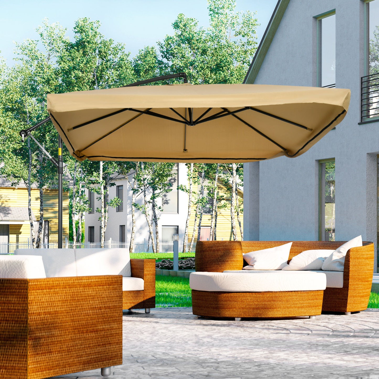 Offset Patio Umbrella with Net and Umbrella Base, Adjustable Cantilever Canopy with Cross Base, Weight Plates and 8 Ribs for Backyard, Poolside, Garden, Beige