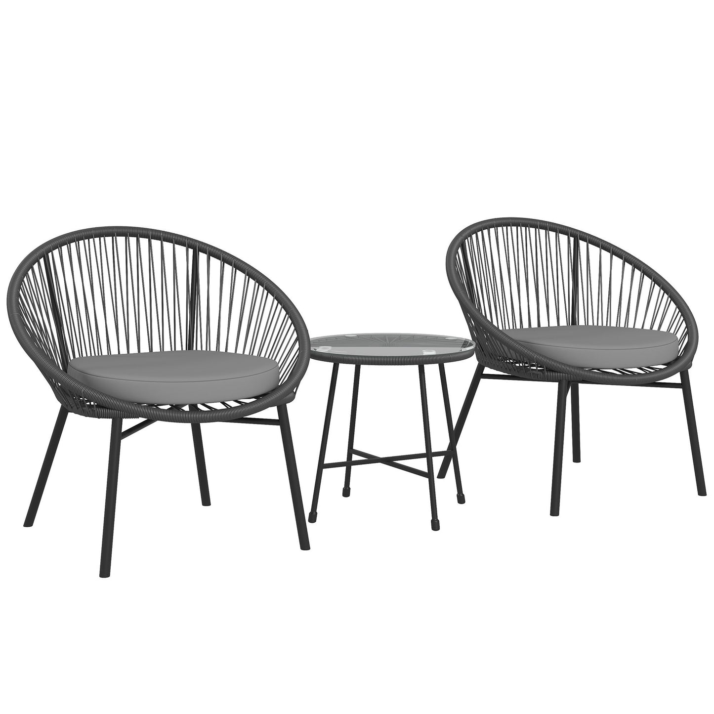 3 Piece Wicker Patio Furniture Set with Soft Seat Cushions, Tempered Glass Tabletop, Bistro Set for Garden, Black