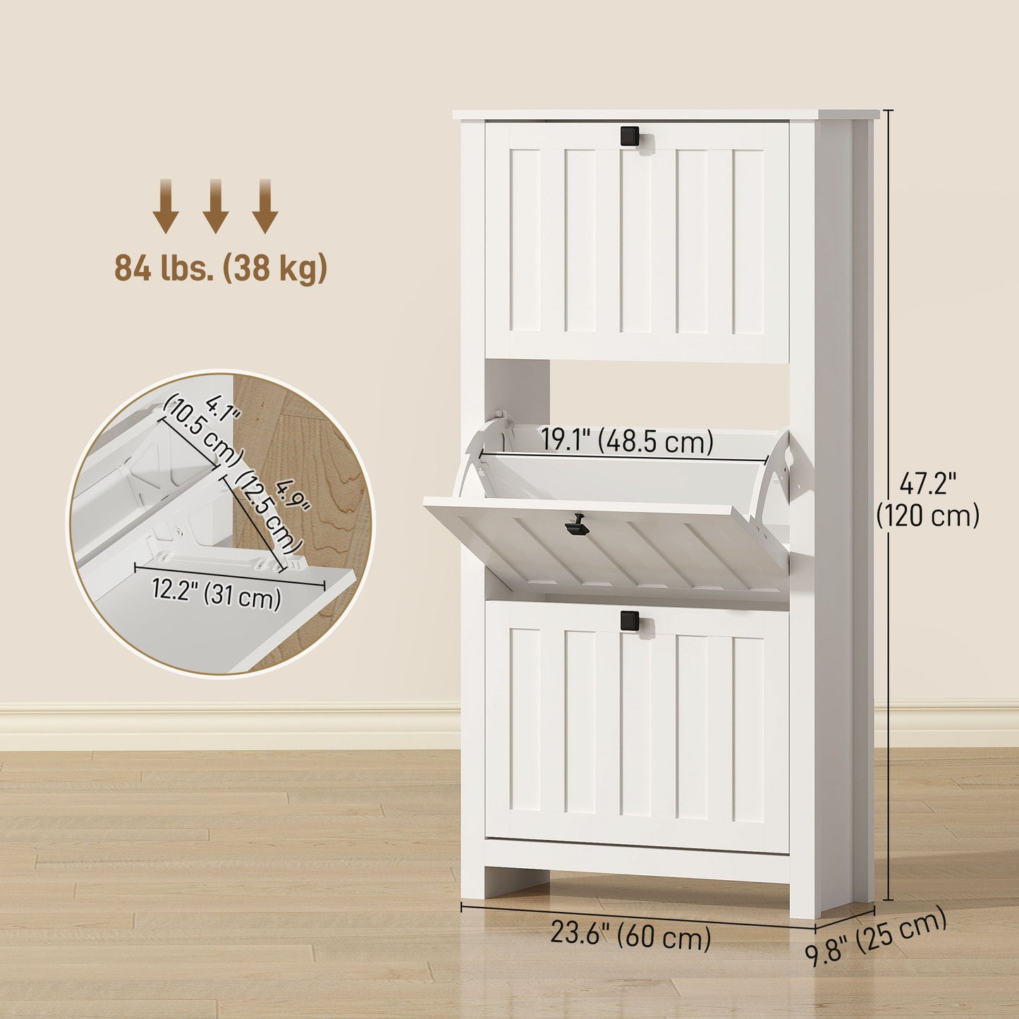 Slim Shoe Cabinet with 3 Flip Drawers, Shoe Storage Cabinet with Adjustable Shelves for Entryway, Holds 12 Pairs, White