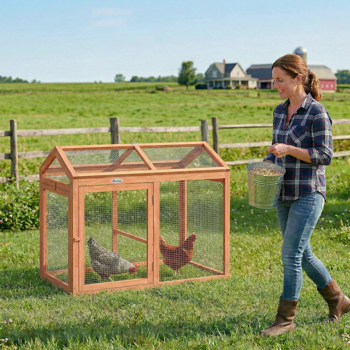 Wooden Chicken Run, Outdoor Chicken Coop with Perch and Dual Doors, Combinable Hen House Rabbit Hutch for Backyard