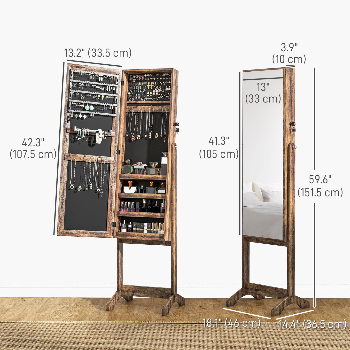 Lockable Mirror Jewelry Cabinet, Full-Length Mirror and Jewellery Storage with 3 Adjustable Angles, Rustic Brown