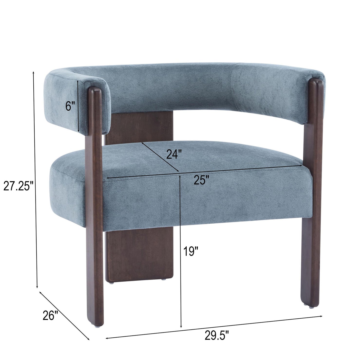 Modern Single Lounge Sofa Chair with Barrel-Back Design, Stylish Accent Armchair with 3-Leg Frame, 29.5" L x 26" W x 27" H, Blue+Walnut