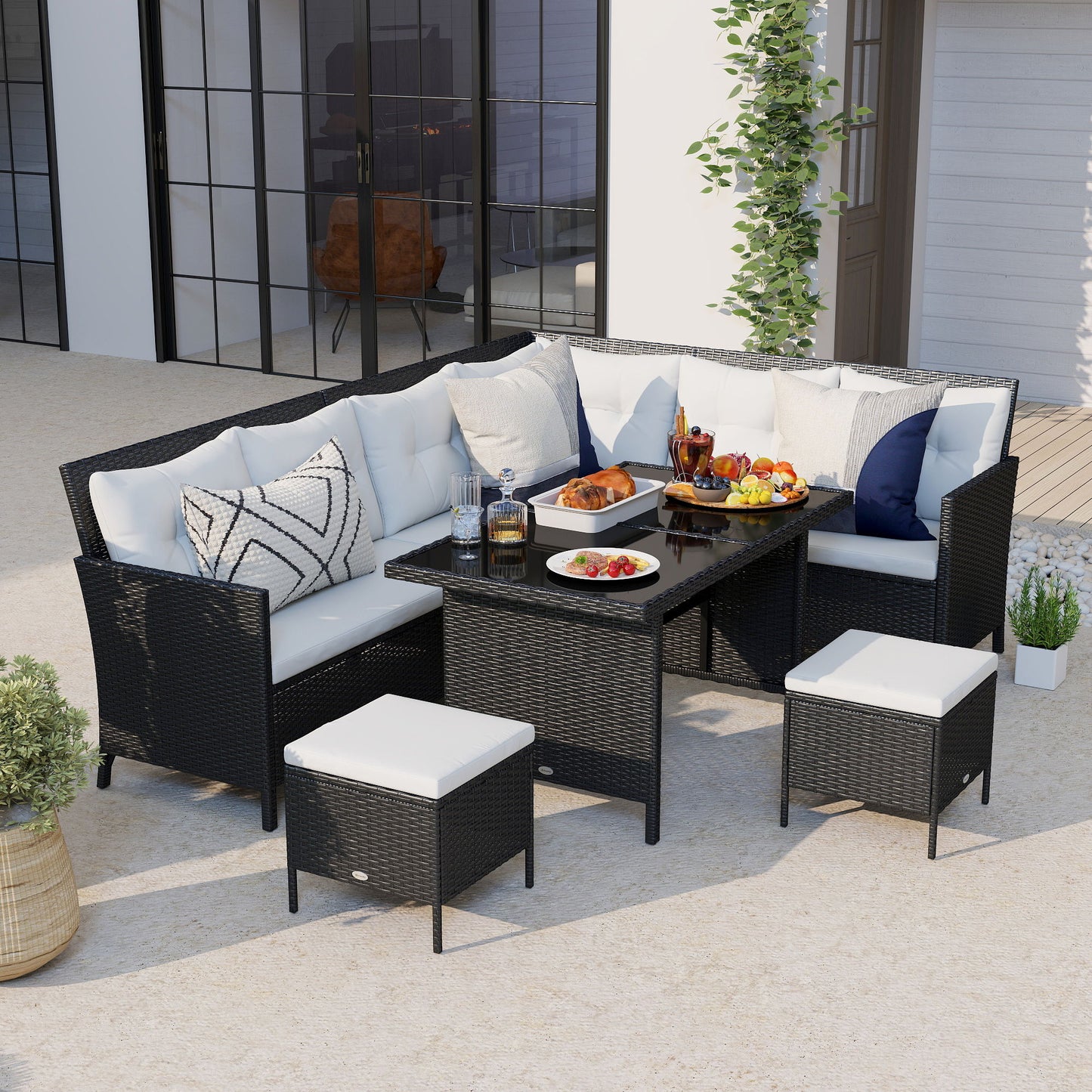 6pcs Outdoor Rattan Sofa Set Garden Wicker Sectional Couch Furniture Set with Dining Table and Chair White