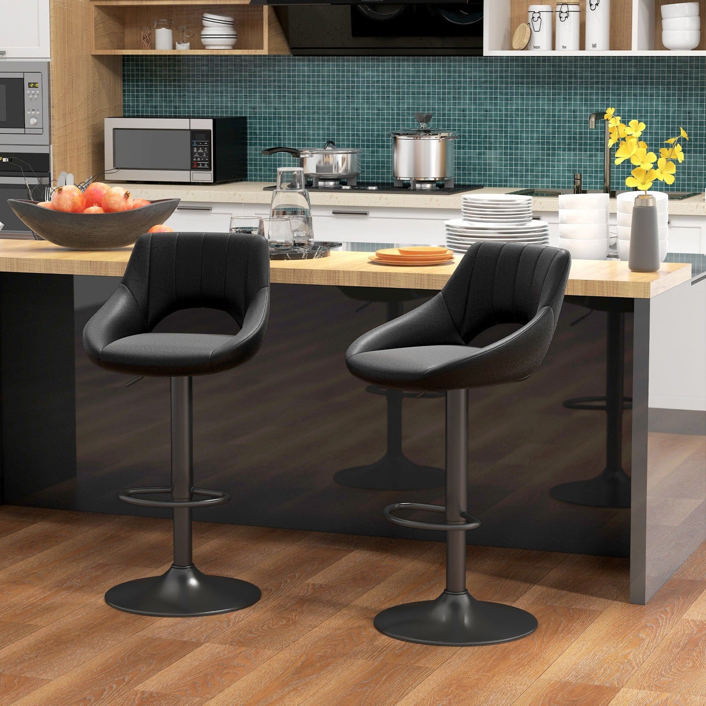Faux Leather Swivel Bar Stools Set of 2 - Black
