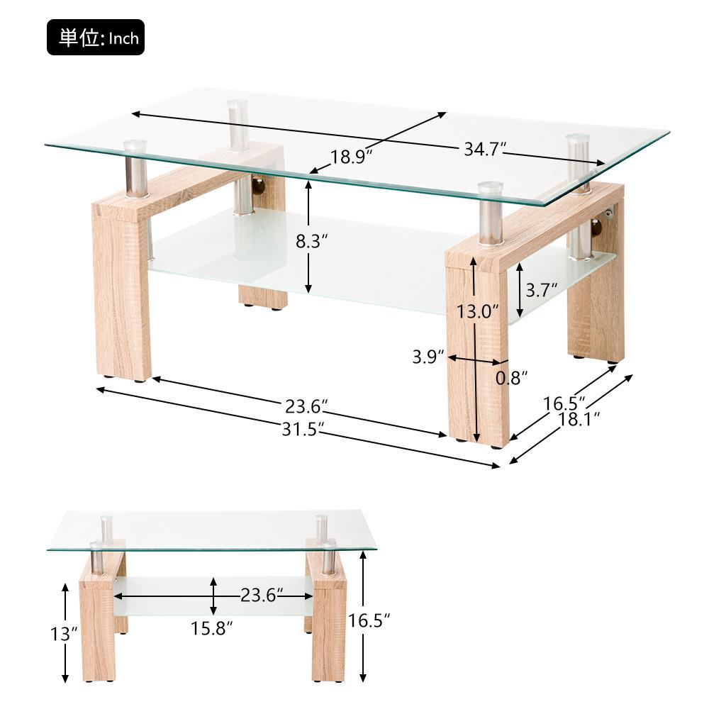 Tempered Glass Coffee Table with Geometric Design, Metal Tubular Legs, Durable Centre Desk for Living Room, 35" L x 19" W x 16.5" H, Natural