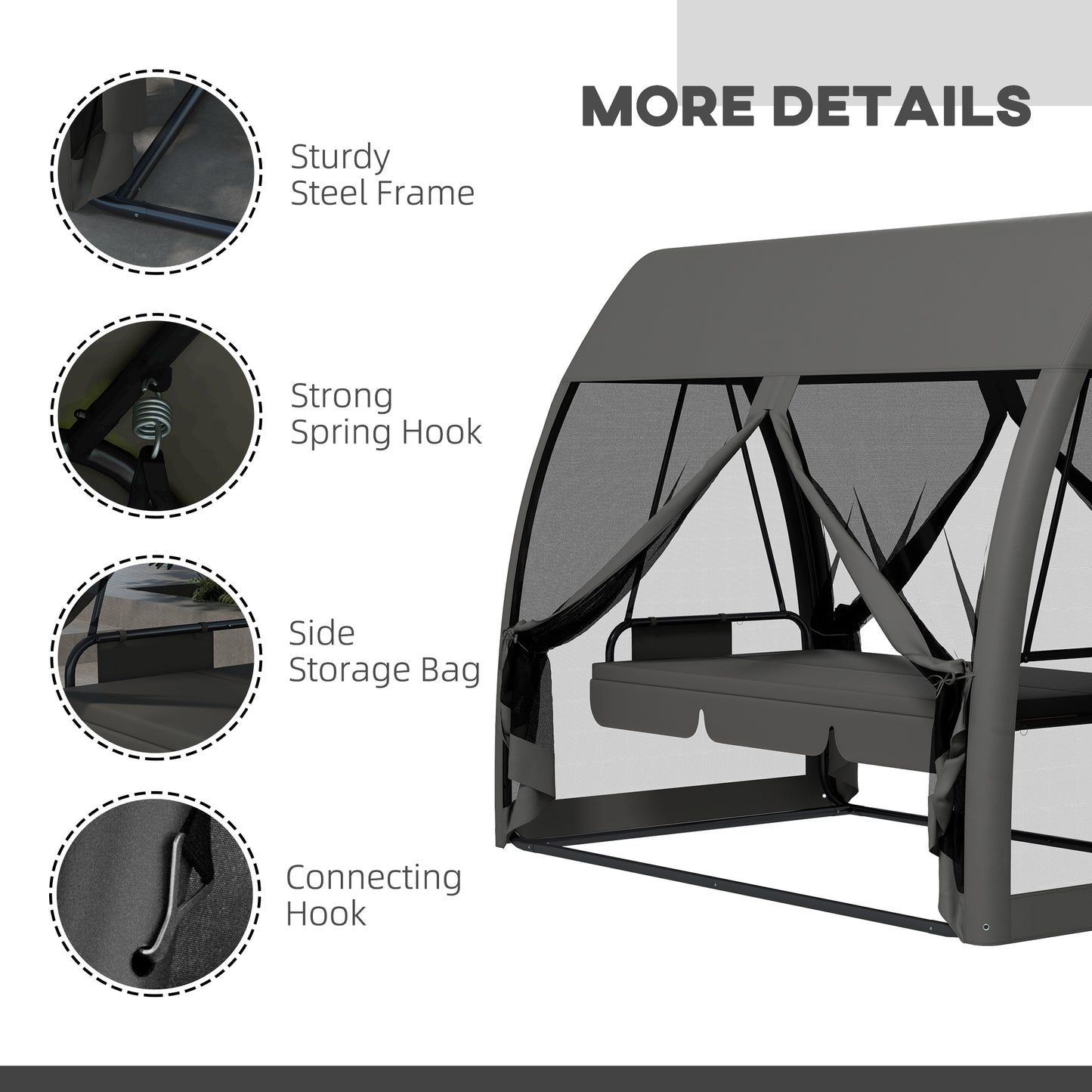 3-Seater Outdoor Swing Chair Chaise Lounger Bed Garden Hammock with Steel Stand, Canopy Netting Walls, Dark Grey