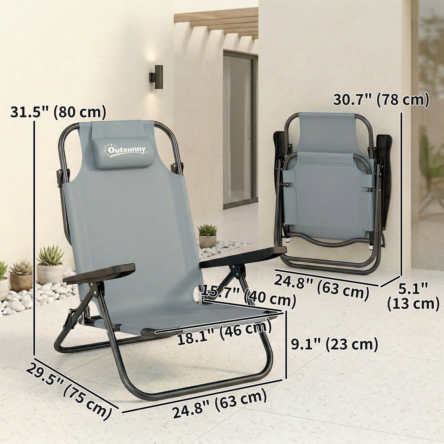 Set of 2 Beach Chair 5-Position Adjustable Folding Camping Chair with Headrest Armrests Light Grey