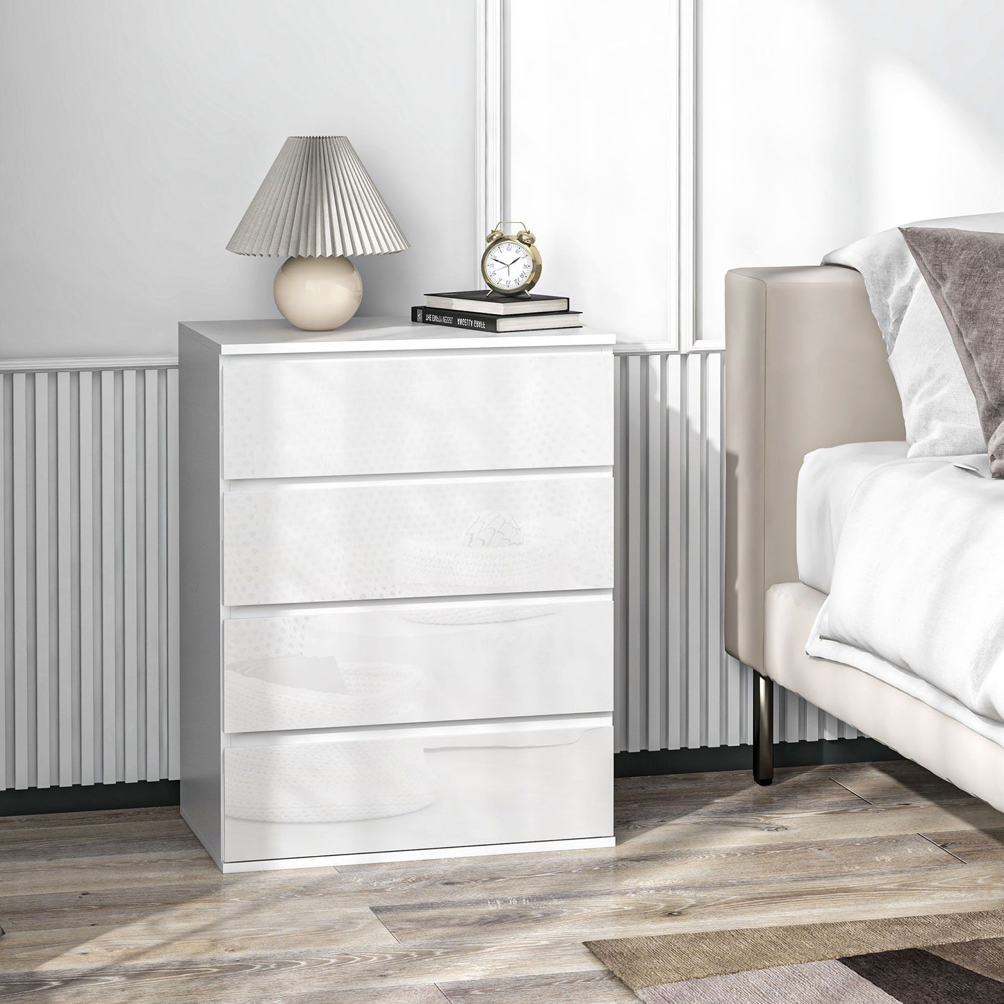 4 Drawer Cabinet, High Gloss Drawer Chest for Bedroom, Chest of Drawers with Metal Runners and Groove Handles, White