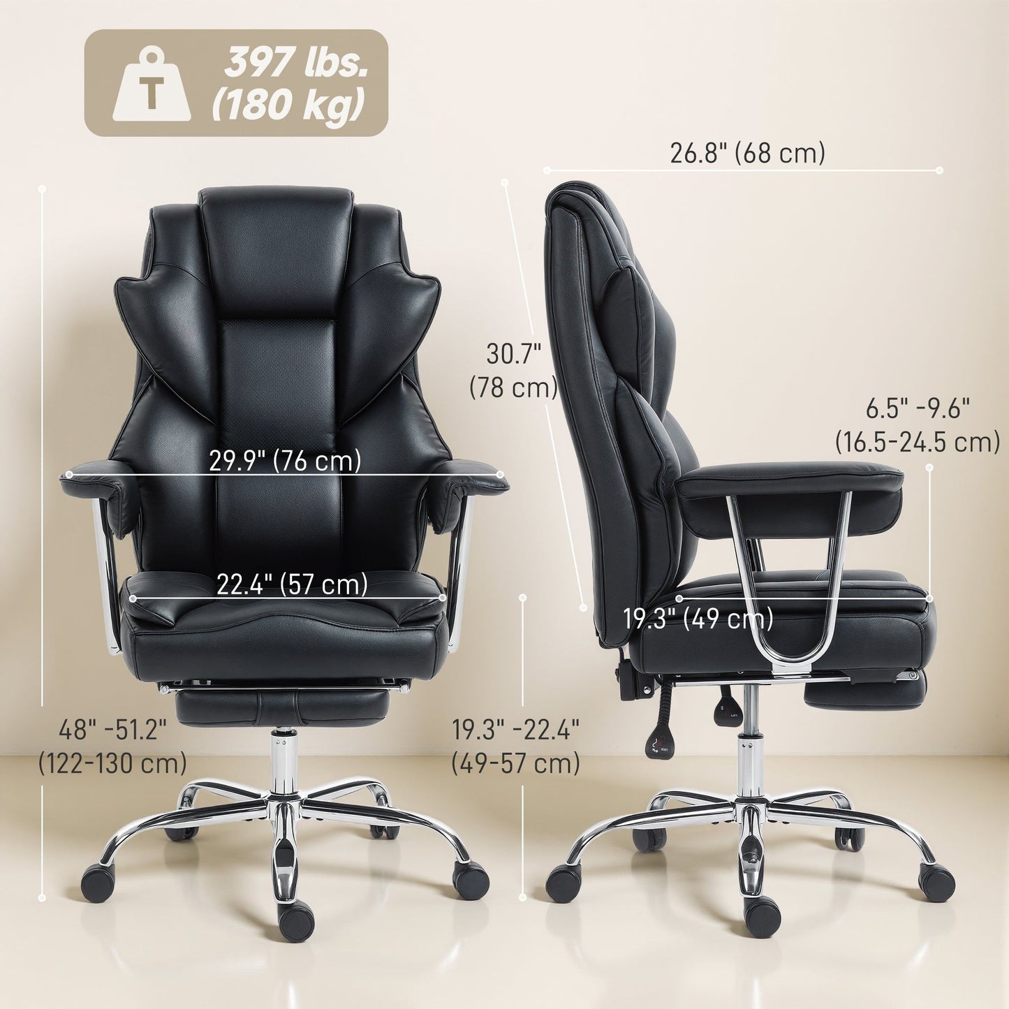 Big and Tall Reclining Office Chair, 400 lbs - Black