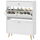 Narrow Shoe Storage Cabinet with Wave-like Panels and Adjustable Shelves for 12 Pairs of Shoes, White