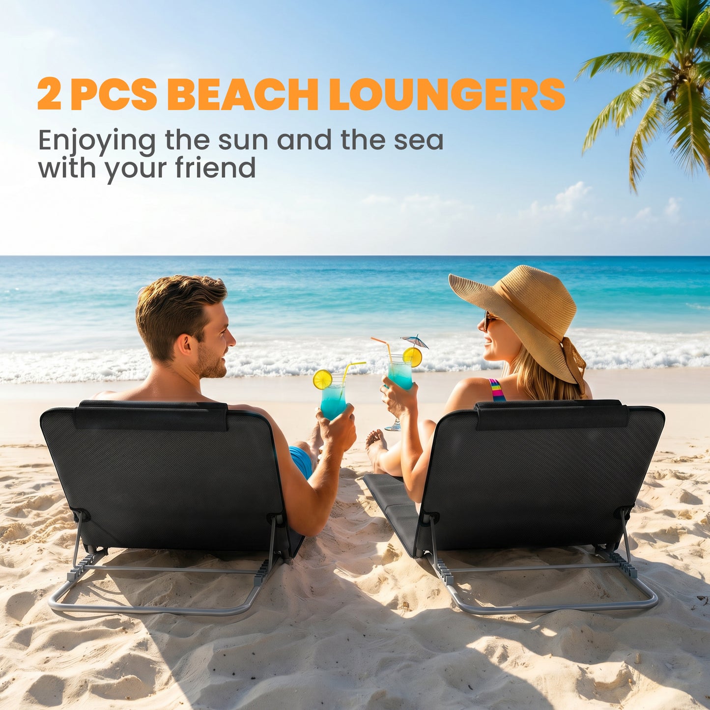 2 Pieces Beach Lounge Chair, Outdoor Folding Chaise Lounge Set w/ Pillow for Sunbath, Snap, Beige