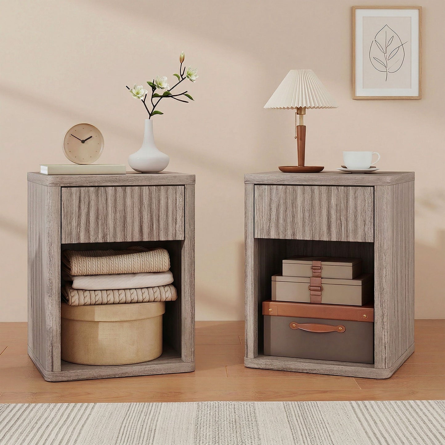 Nightstand with Drawer and Open Shelf, Modern Bedside Table Set of 2 for Bedroom Living Room, Grey