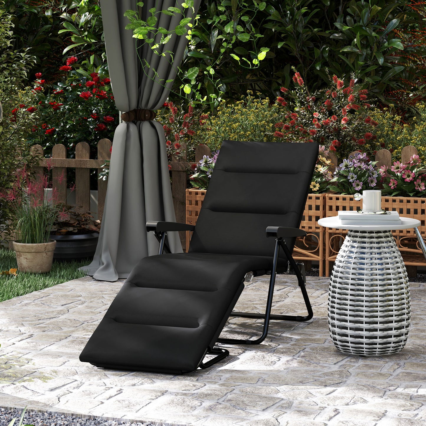 Foldable Lounge Chair, Reclining Patio Sun Lounger with 6-Position Adjustable Back, Black