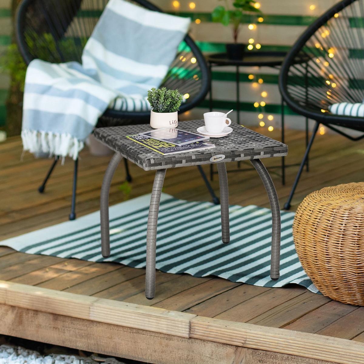18" Rattan Coffee Table Outdoor Side Table Patio Wicker Furniture, Small Square with All-Weather PE for Garden, Balcony, Backyard, Poolside, Grey