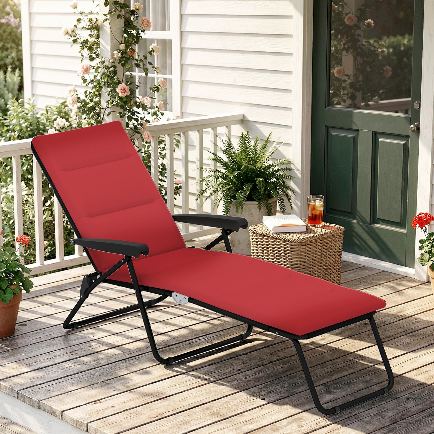 Foldable Lounge Chair, Reclining Patio Sun Lounger with 6-Position Adjustable Back, Wine Red