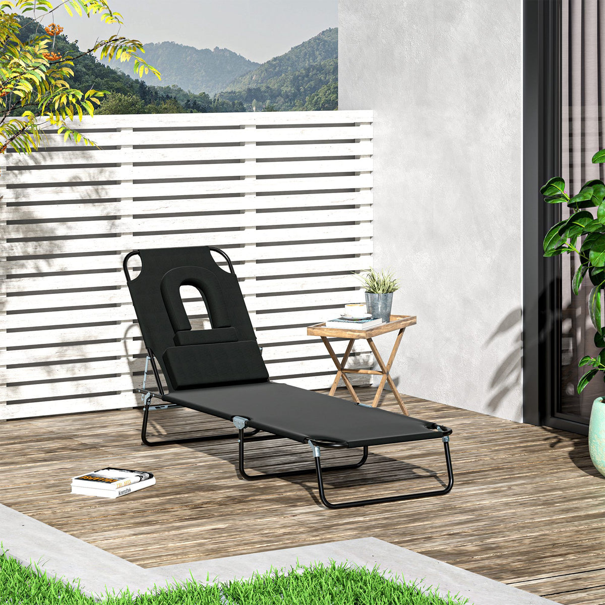 Adjustable Outdoor Lounge Chair, Garden Folding Chaise Lounge with Face Hole Reclining Tanning Chair Seat, Folding Camping Beach Lounging Bed w/ Support Pillow, Black