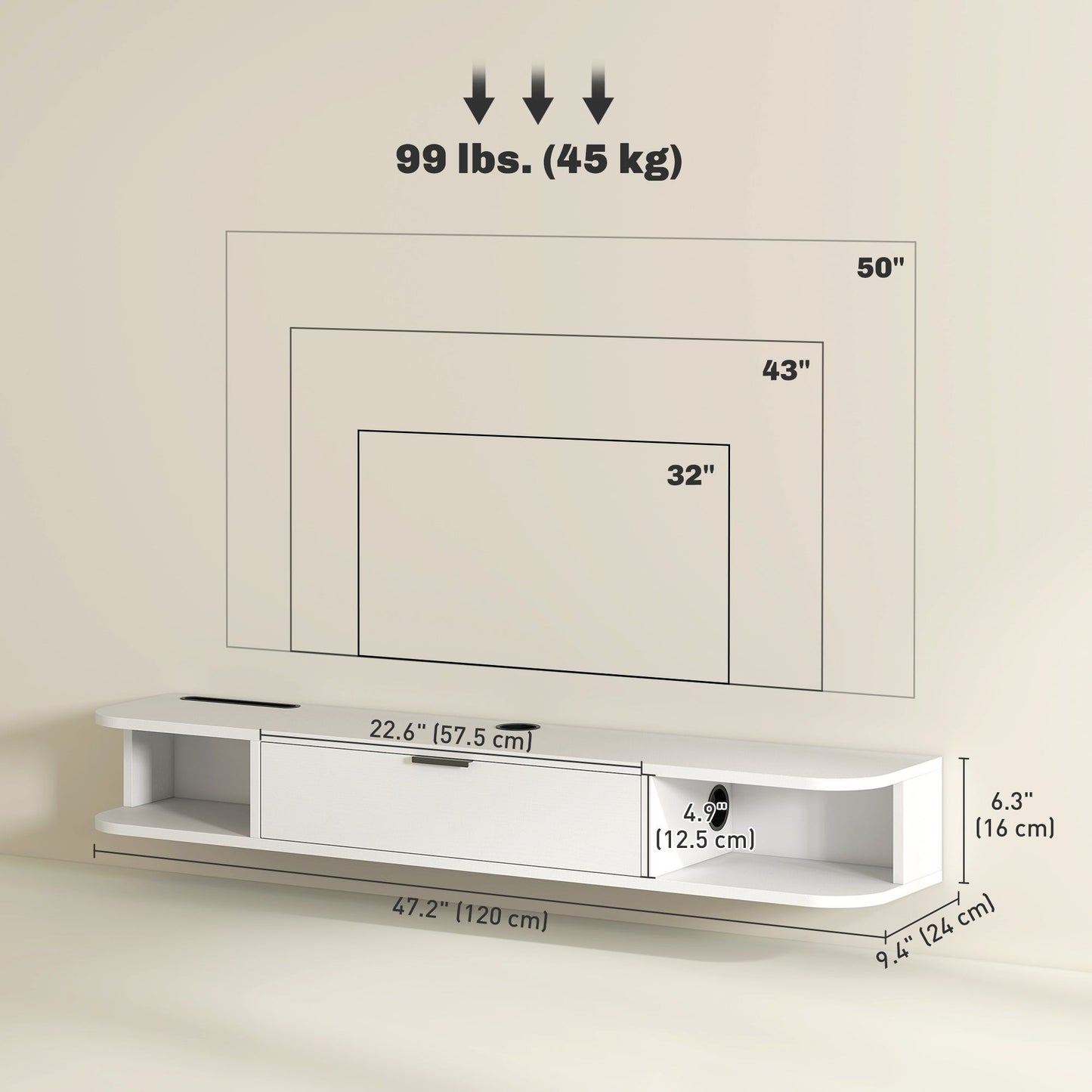 47" Floating TV Stand with Flip Drawer - White