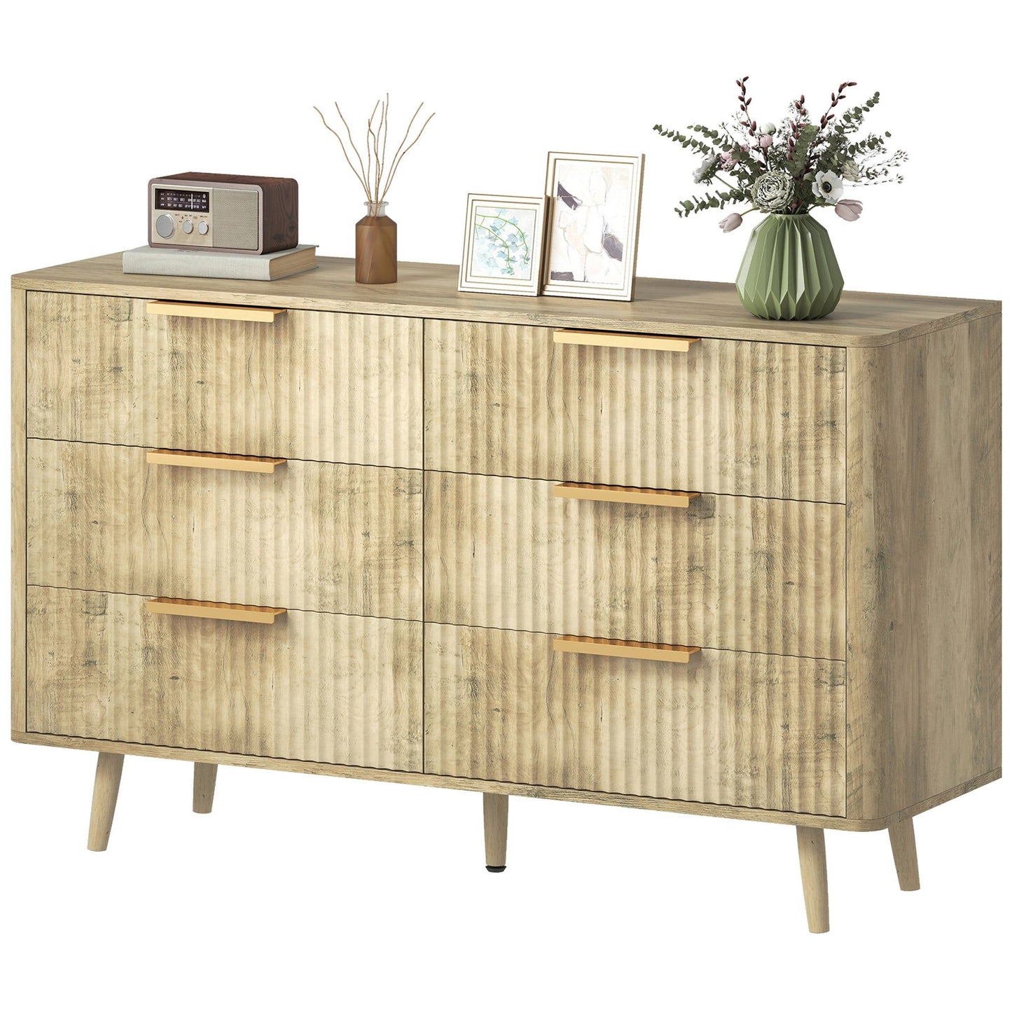 Fluted 6-Drawer Dresser with Pine Legs - Oak