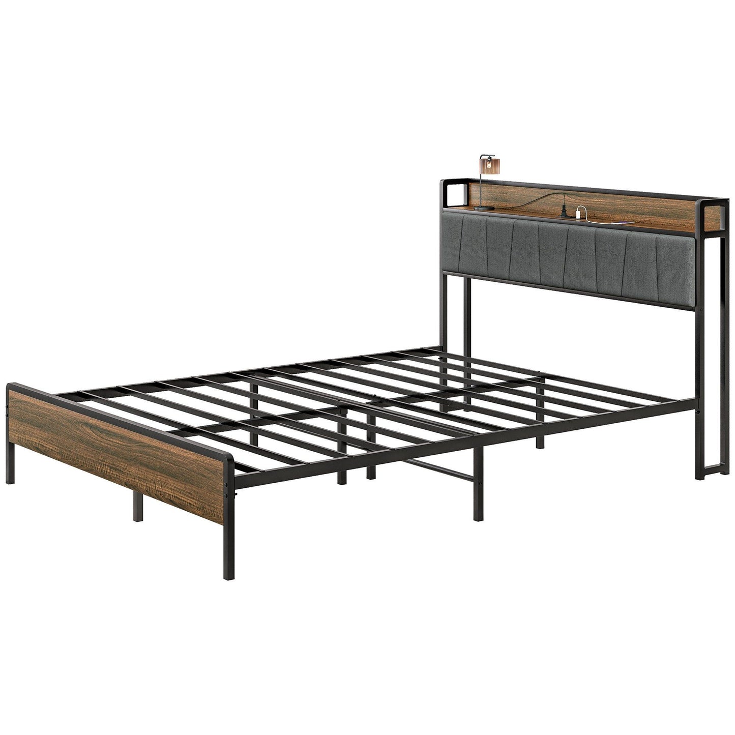Queen Bed Frame with Charging Station and Storage - Walnut