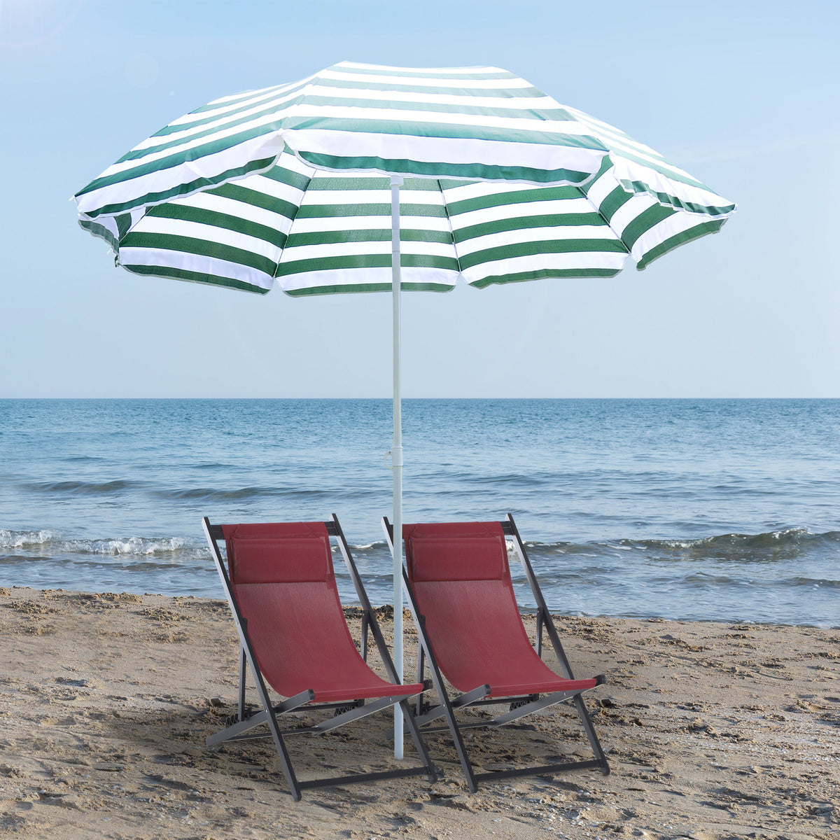 6FT Round Beach Umbrella with Tilt Mechanism, Outdoor UV Protection Sun Shaded Canopy with Push Button, Striped Green