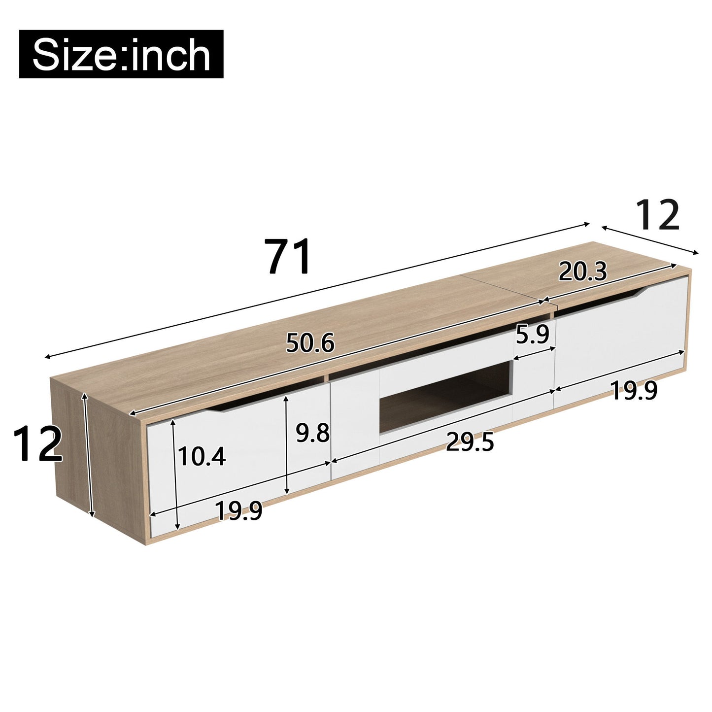 High-Gloss TV Stand with LED Lighting, Modern Design and Versatile Mounting Options, Easy to Install, 71" L x 12" W x 12" H, White+Wood
