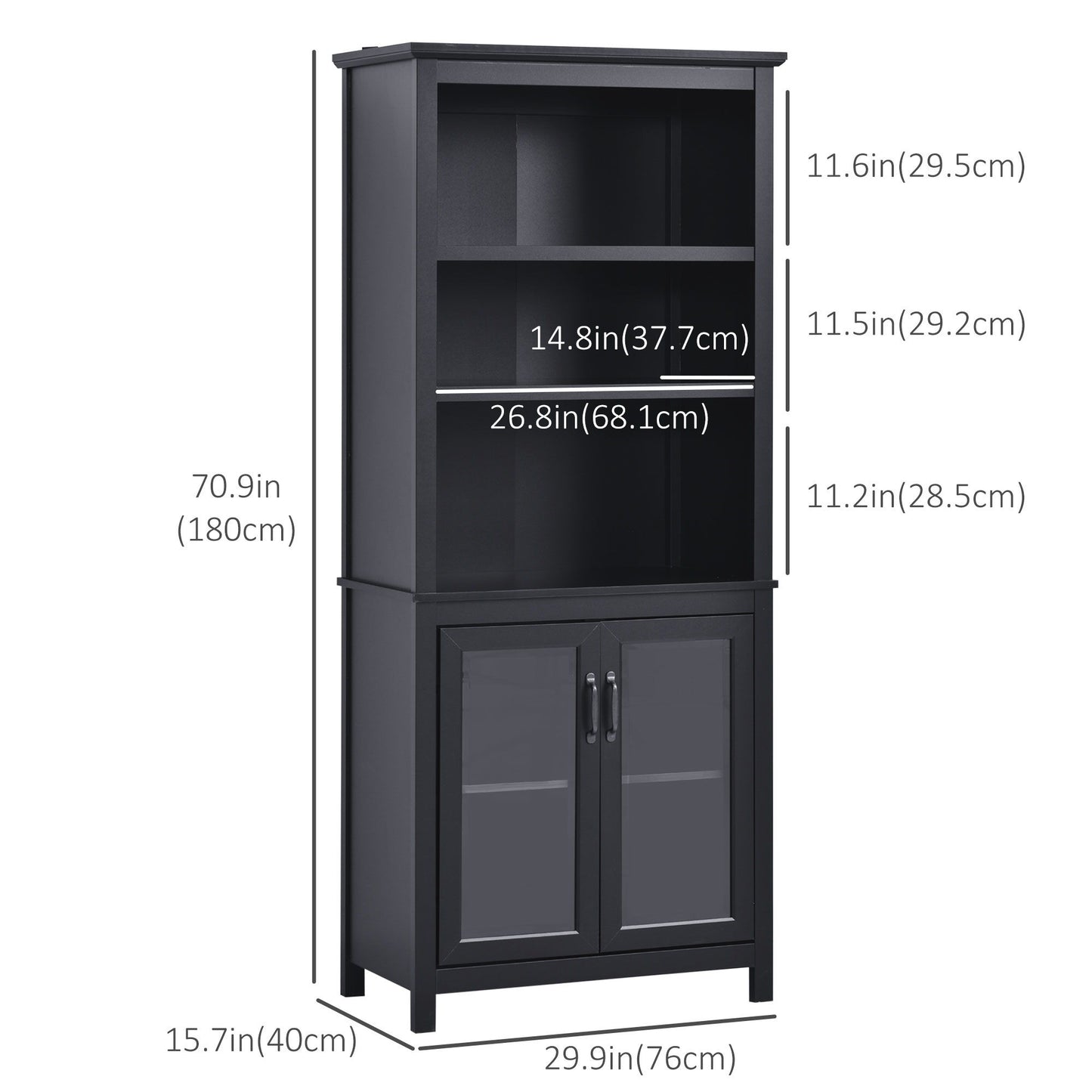 3-Tier Multifunctional Bookcase, Storage Bookshelf, Display Shelves with Glass Doors, Open Compartments and Adjustable Shelves for Home Office, Living Room, Study, Black