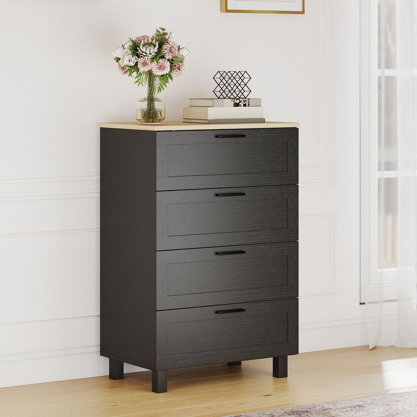Dresser for Bedroom with 4 Drawers, Chest of Drawers with Solid Wood Legs for Closet, Living Room, Entryway, Black