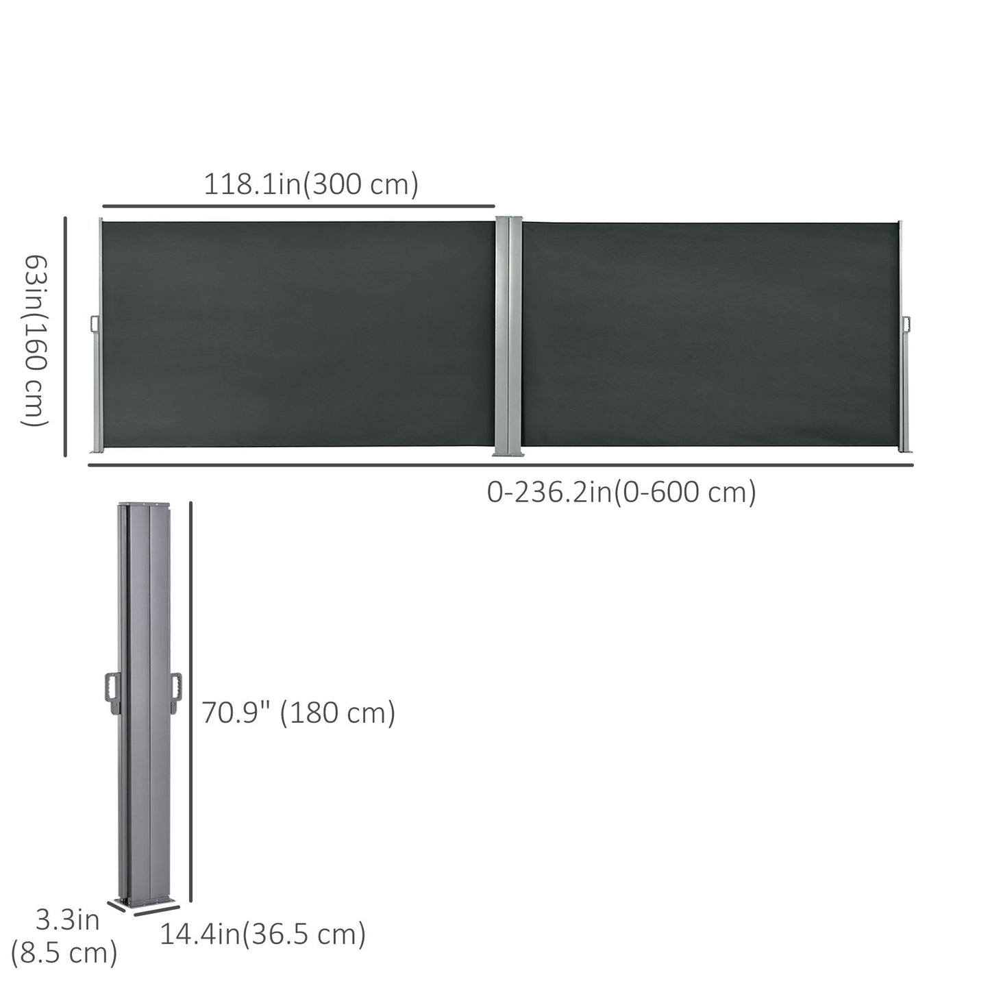 236" x 71" Outdoor Privacy Wall, Double Retractable Side Awning, Patio Screen for Garden, Balcony, Grey