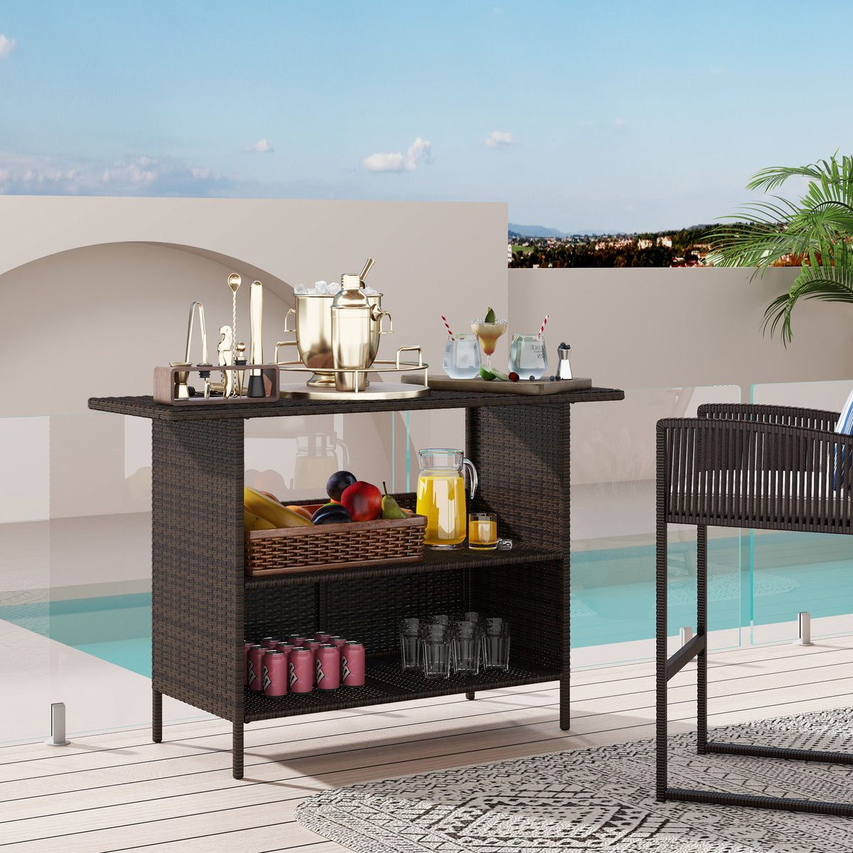 Wicker Outdoor Bar Table, PE Rattan Bar Height Patio Table with 2 Shelves, Steel Frame for Garden, Backyard, Dark Brown