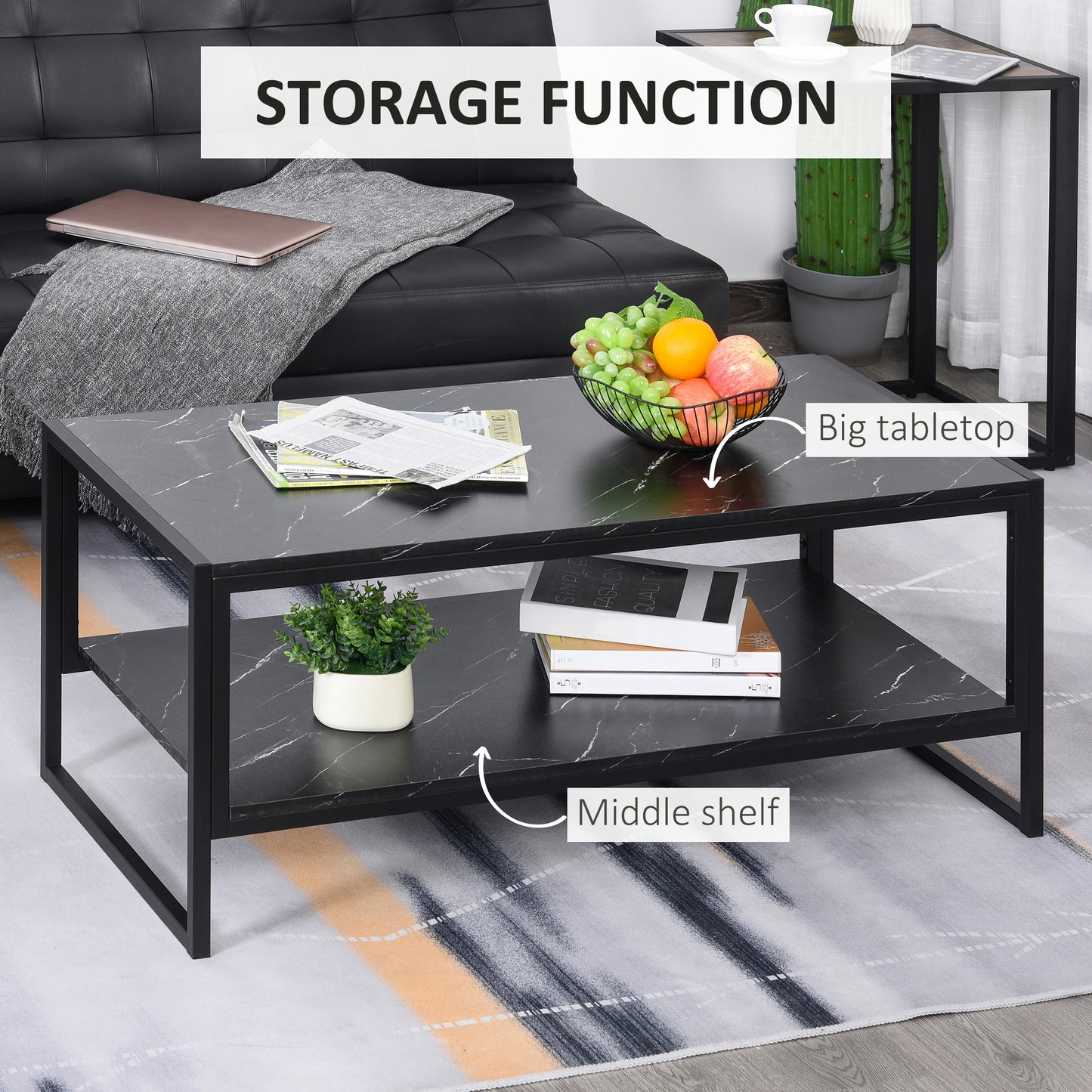 2-Tier Coffee Table with Storage Shelf, Cocktail Table with Marble Textured Table Top, for Living Room Bedroom Dorm, Black