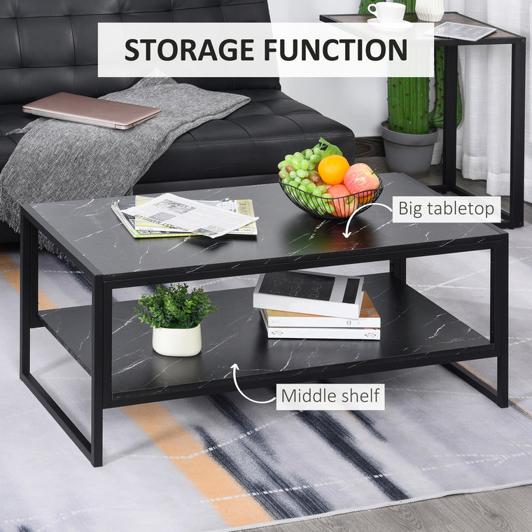 2-Tier Coffee Table with Storage Shelf - Black