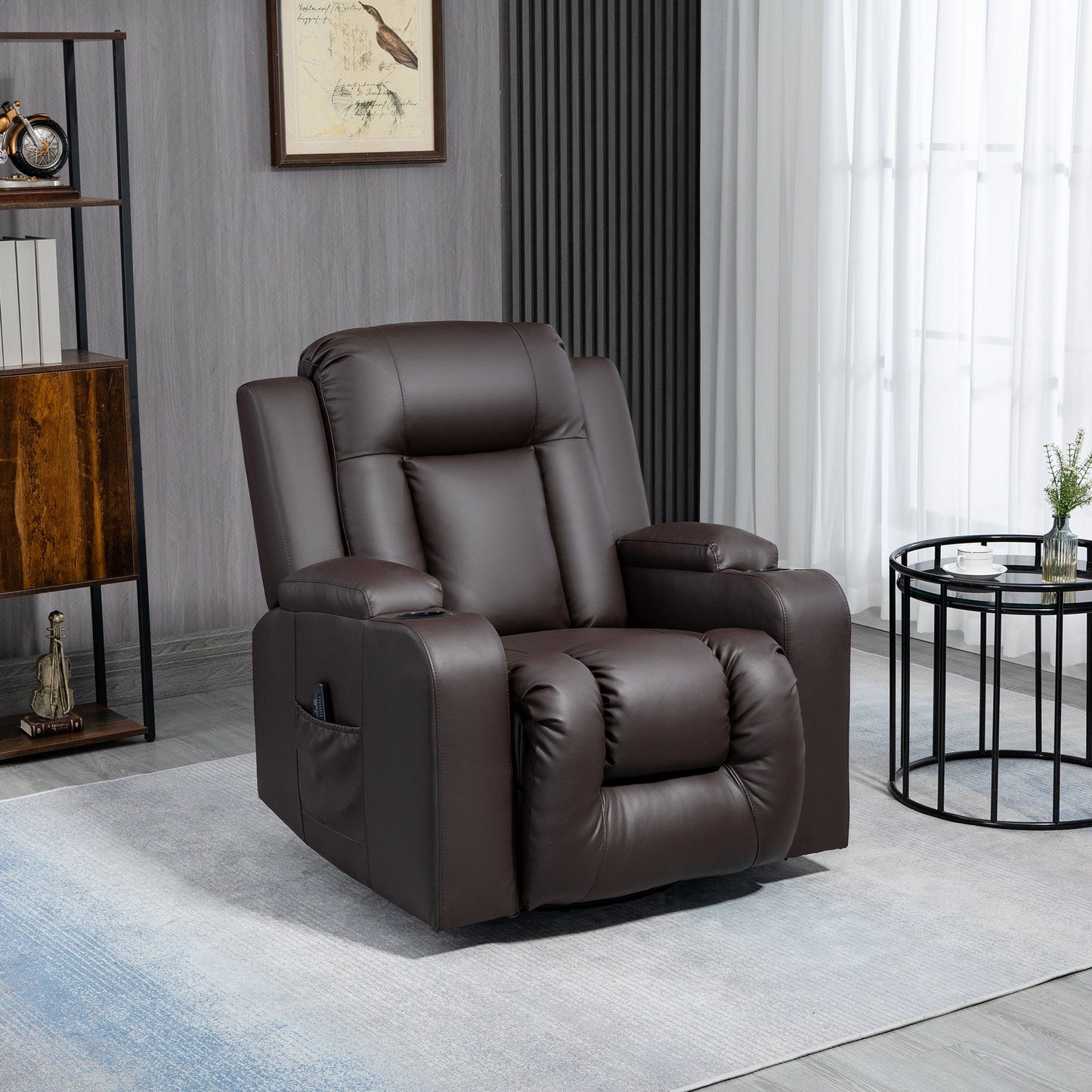 Swivel Massage Recliner Chair Rocker, Overstuffed Manual Reclining Sofa, PU Leather Rocking Chair with Side Pockets, Cup Holders, for Living Room, Nursery, Brown