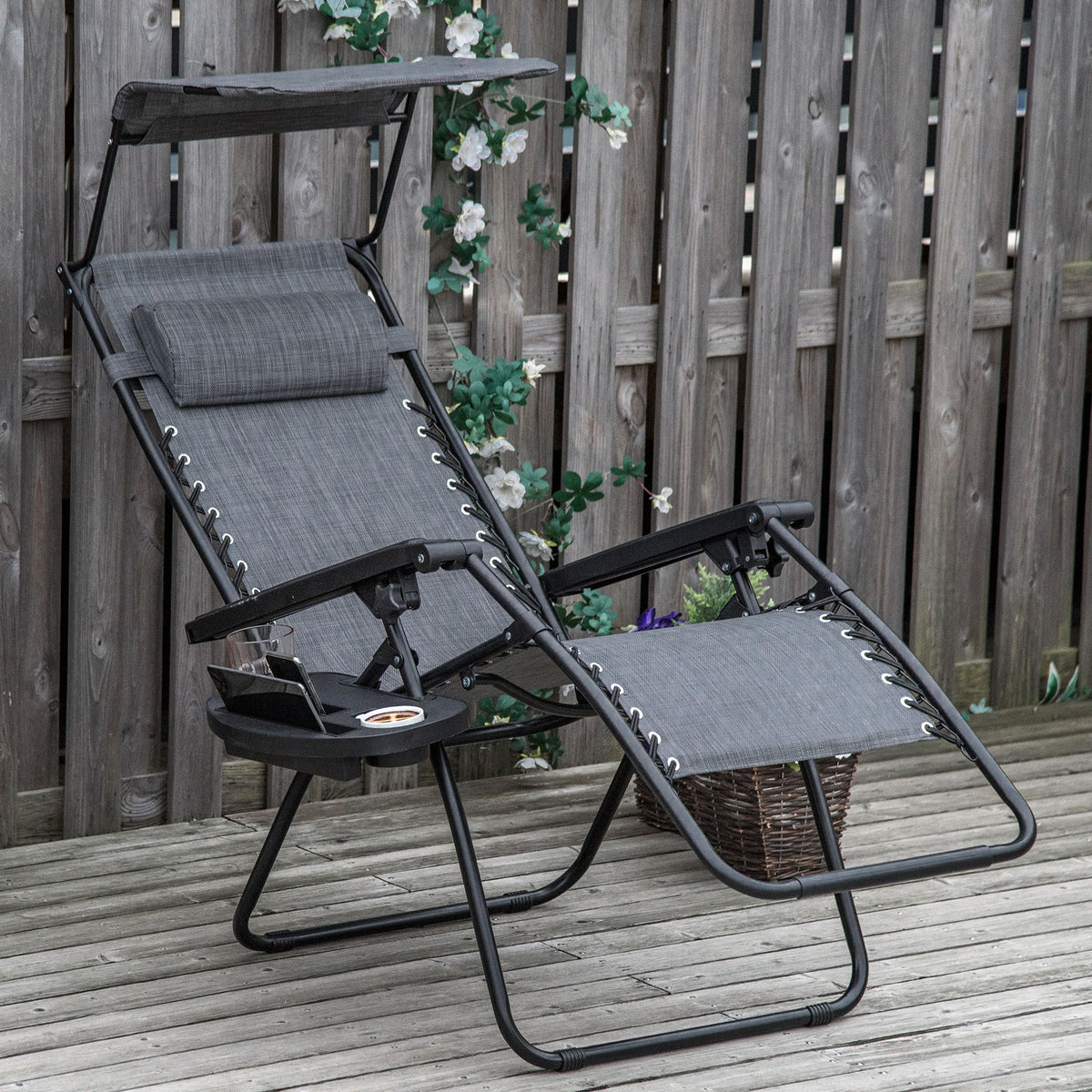 Outdoor Zero Gravity Reclining Lounger Chair with Canopy Shade, Side Tray, Cupholder, Light Grey