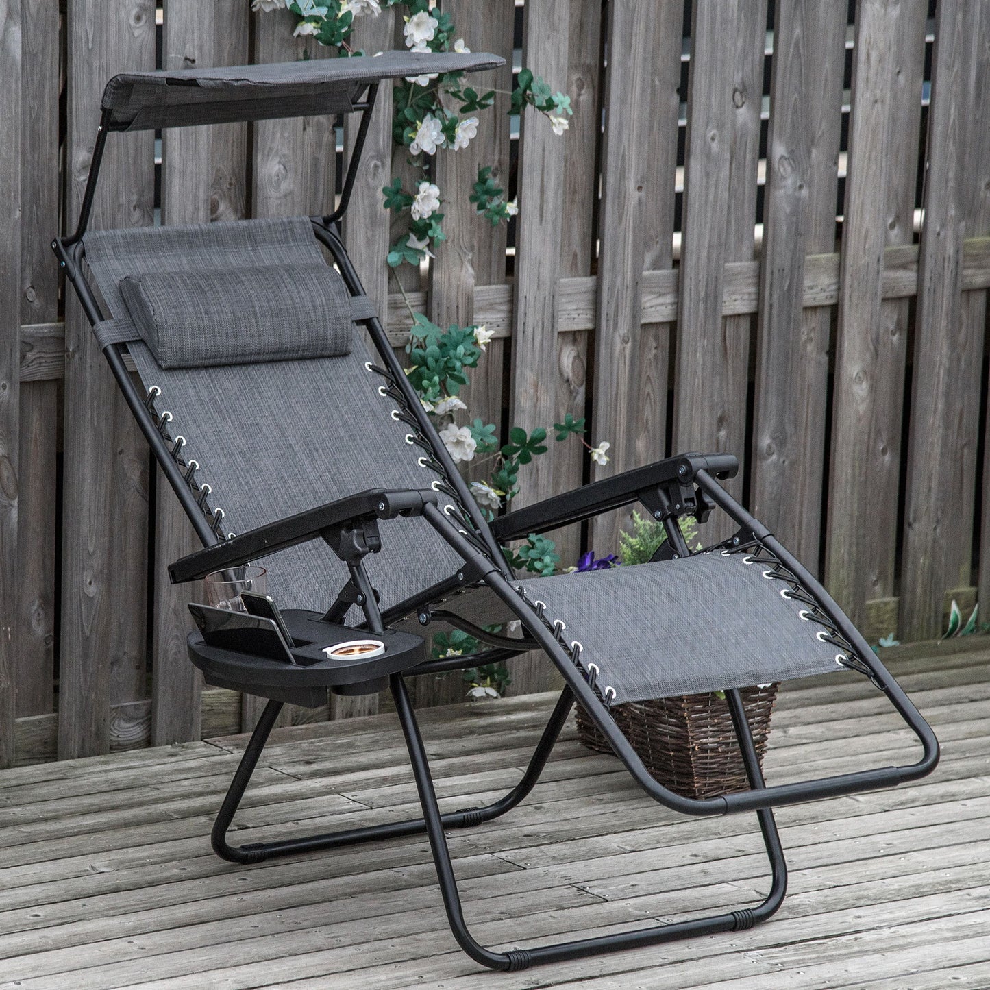 Outdoor Zero Gravity Reclining Lounger Chair with Canopy Shade, Side Tray, Cupholder, Light Grey