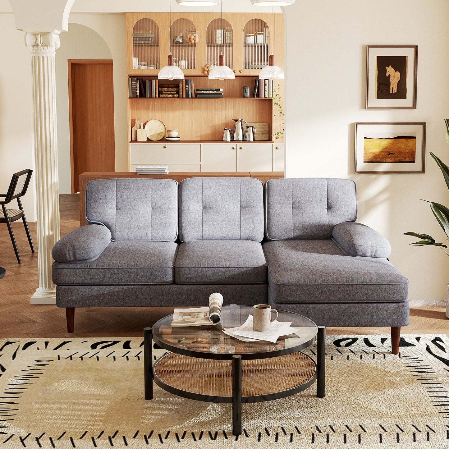 Modern Corner Couch with Right Chaise Lounge, Tufted 3-Seater Sofa with Wooden Legs for Living Room, Grey