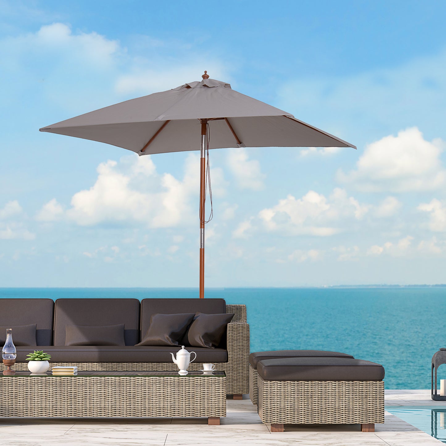 6.6 x 5ft Fir Wooden Patio Umbrella Market Parasol Tilt Mechanism 6 Ribs Garden Sunshade, Grey