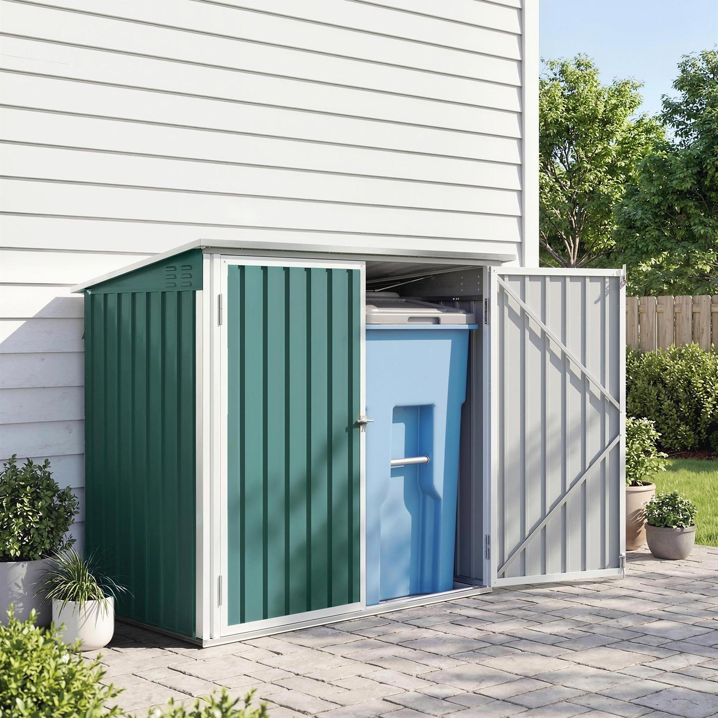 Outdoor Steel Wheelie Trash Can, Storage Shed With Double Door & Lid Rubbish Cover for 2 Trash Cans