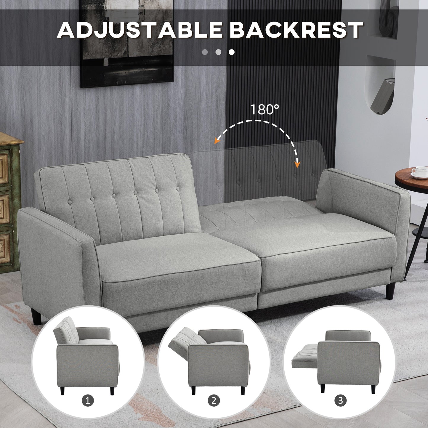 Convertible Bed with Couch, Button Tufted Fabric Sofa Bed with Adjustable Back for Living Room, Grey