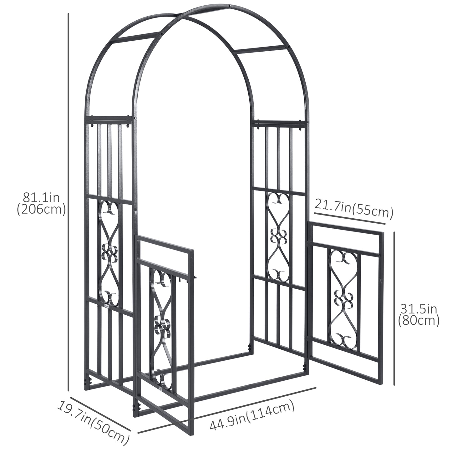 6.7 FT Steel Garden Arch with Gate Outdoor Courtyard Arbor for Climbing Vine Plants Lawn Backyard Decoration Dark Grey