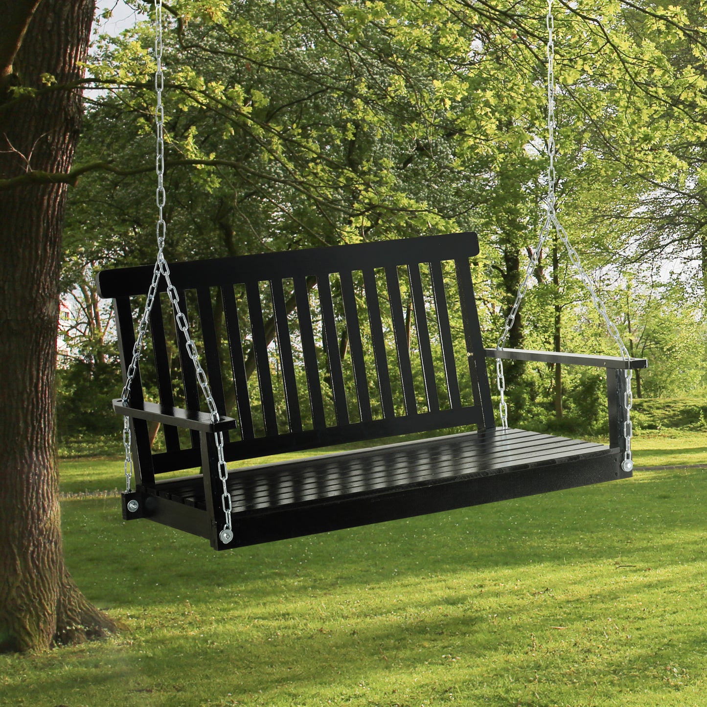 2-Seater Patio Swing Chair, Fir Wooden Porch Swing with Slatted Design, Hanging Chains for Outdoor, Garden, Black - Black