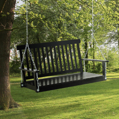 2-Seater Patio Swing Chair, Fir Wooden Porch Swing with Slatted Design, Hanging Chains for Outdoor, Garden, Black - Black