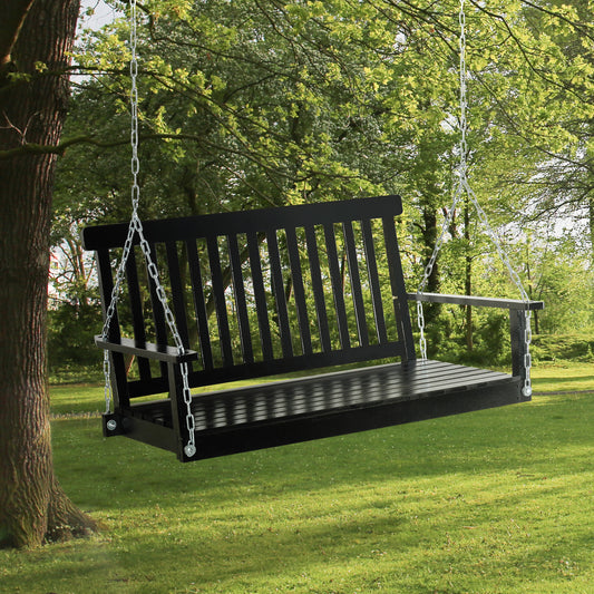 2-Seater Patio Swing Chair, Fir Wooden Porch Swing with Slatted Design, Hanging Chains for Outdoor, Garden, Black - Black