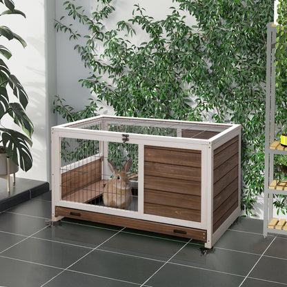 Brown Elevated Wooden Rabbit Hutch with Enclosed Run & Wheels