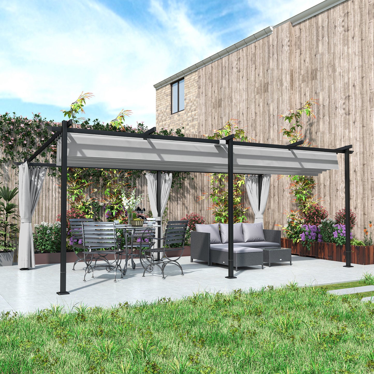 Metal Retractable Pergola Canopy with Sidewalls, Outdoor Gazebo UPF30+ Sun Shade Shelter for Garden, Deck