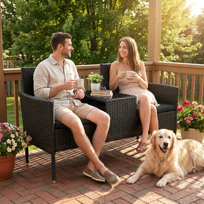 Black PE Rattan Loveseat with Mid-Table