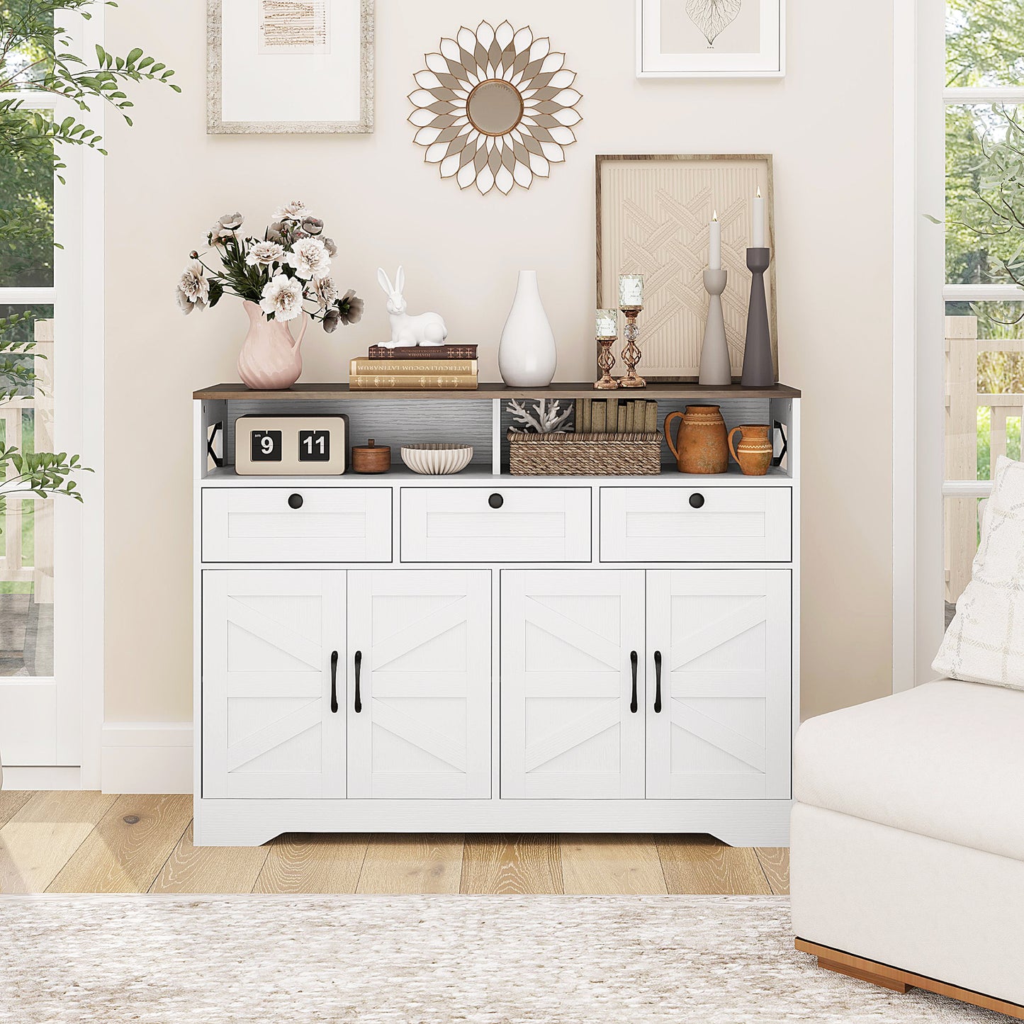 Sideboard, Buffet Cabinet with 4 Barn Doors and 3 Drawers, Coffee Bar Cabinet with Adjustable Shelves, White